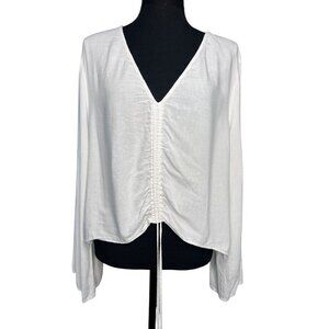 Leith Long Sleeve Ruched V-Neck Blouse Womens White XL Linen Blend Effortless